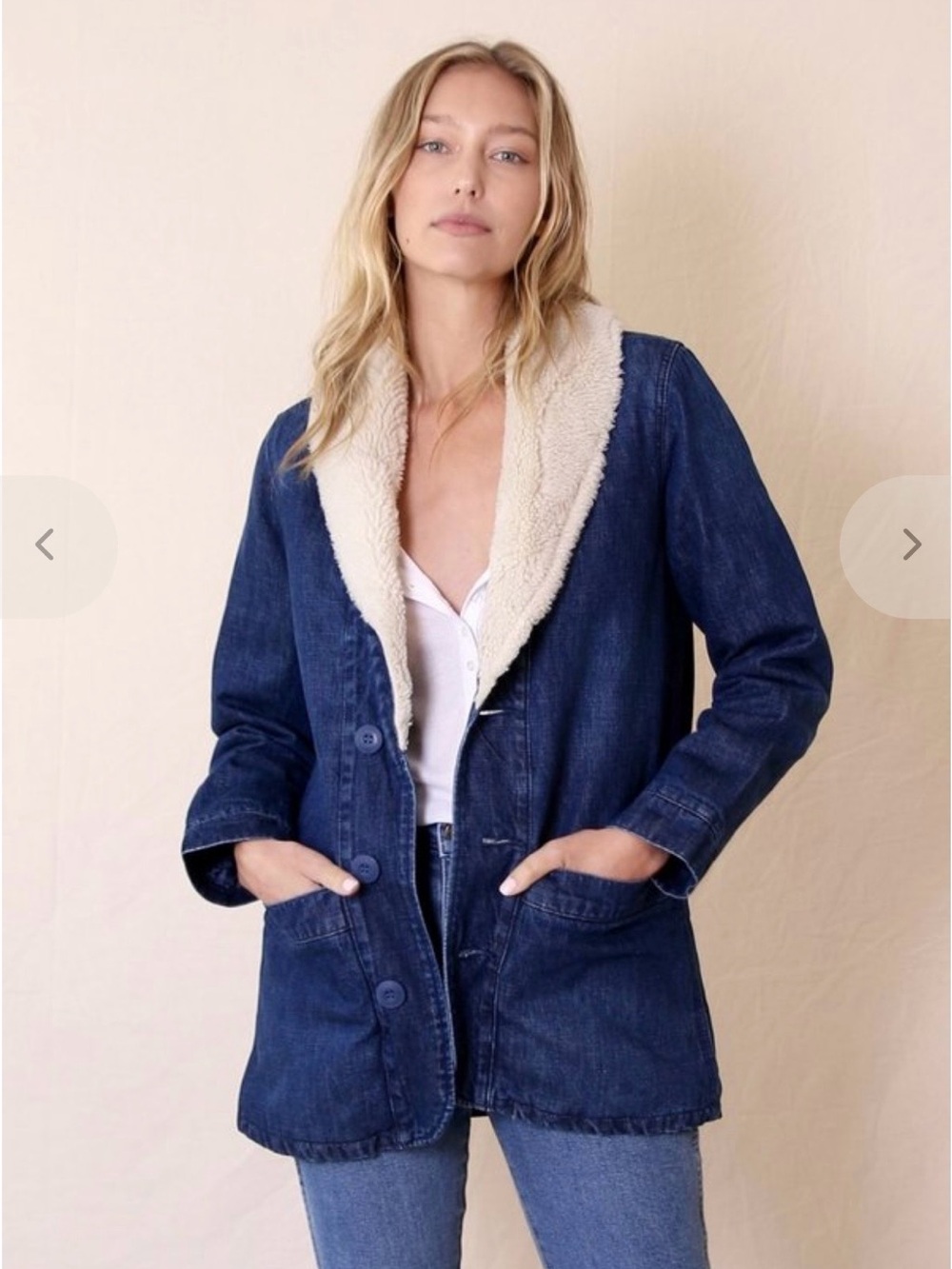 Rolla's Sherpa Denim Pea Coat Barn Jacket Deep‎ Patch Pockets Cozy Cabin Casual